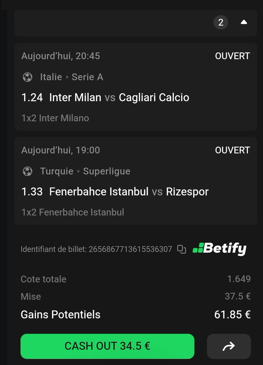 BetClem_'s tweet image. BETS #FOOTBALL ⚽ 17/04 🗓️ 

COMBINÉ DU JOUR ☘️ 
@1.64
37.50€ ➡️ 61.85€
Meilleures cotes ici 👇 
bit.ly/BETCLEM_BETIFY
Code promo : BETCLEM
🎁 50% de ton 1er dépôt en freebet jusqu'à 200€

COMBINÉ FUN 🔥 
@2.13
25€ ➡️ 53.26€

MULTICHANCE BUTEUR 💥
@3.01
30€ ➡️ 60.42€