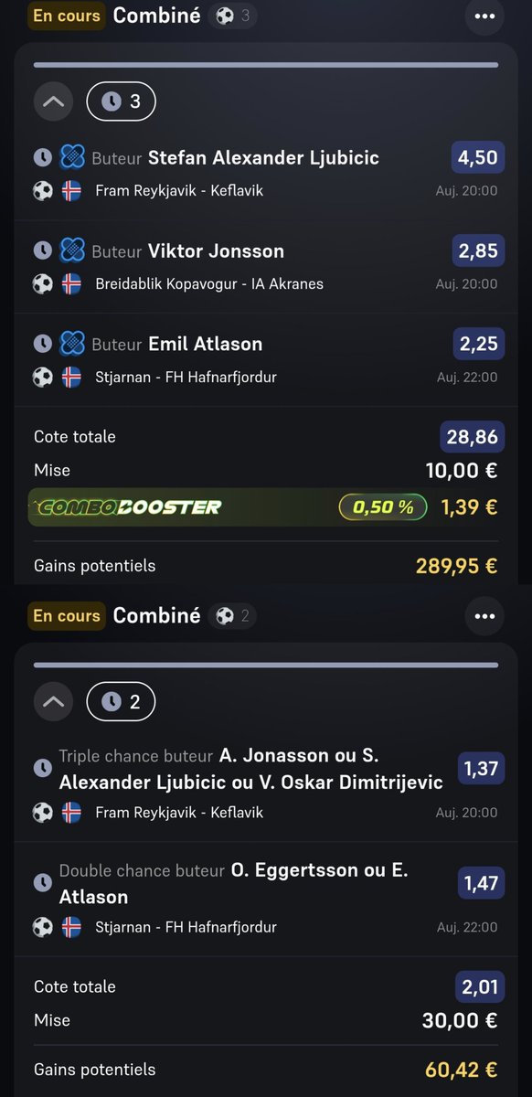 BetClem_'s tweet image. BETS #FOOTBALL ⚽ 17/04 🗓️ 

COMBINÉ DU JOUR ☘️ 
@1.64
37.50€ ➡️ 61.85€
Meilleures cotes ici 👇 
bit.ly/BETCLEM_BETIFY
Code promo : BETCLEM
🎁 50% de ton 1er dépôt en freebet jusqu'à 200€

COMBINÉ FUN 🔥 
@2.13
25€ ➡️ 53.26€

MULTICHANCE BUTEUR 💥
@3.01
30€ ➡️ 60.42€