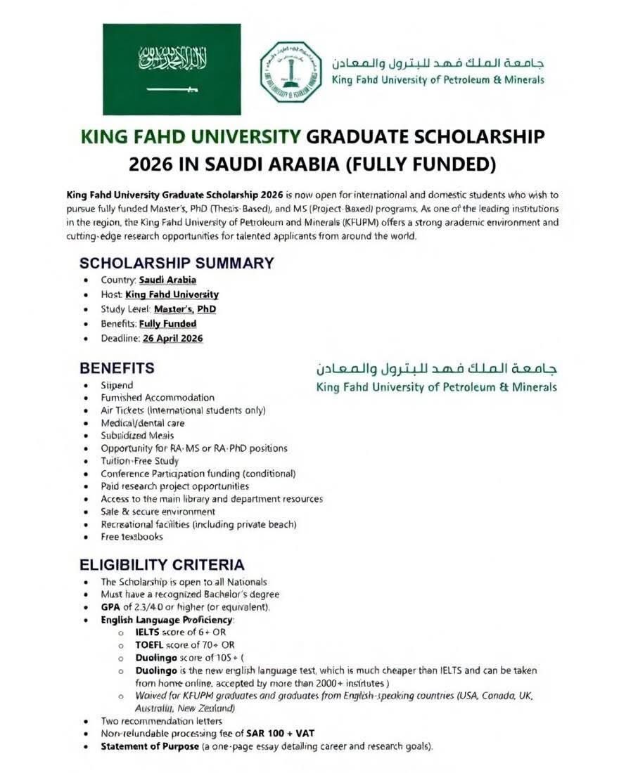 PantamiFound's tweet photo. King Fahd University Scholarship 2026 – Fully Funded Study in Saudi Arabia

King Fahd University is offering fully funded opportunities for international students to pursue Master’s and PhD programmes across various fields.

Study Level: Master’s, PhD
Funding: Fully Funded (tuition, monthly stipend, accommodation, and other benefits)
Monthly Stipend: Approximately $800 – $1,200
Application Deadline: Check official portal

More details:
https://t.co/8T0hC7D6DG

This opportunity is shared by the Professor Isa Pantami Foundation (PIP Foundation) as part of its commitment to promoting education, empowerment, and community development across Africa.

#PIPFoundation #ScholarshipOpportunities #EducationForAll #StudyInSaudiArabia #FullyFundedScholarship #PostgraduateScholarship #GlobalEducation