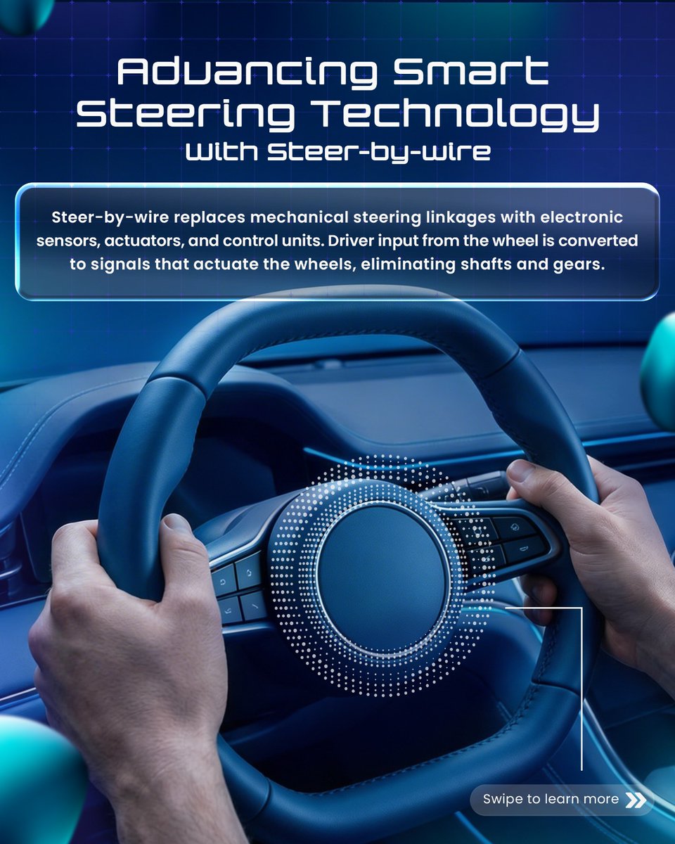 officialRNTBCI's tweet image. As vehicles become more intelligent, steering systems are evolving too. Steer-by-wire uses electronic signals instead of mechanical components to deliver accurate control and support next-generation automotive technologies.
.
.
.
#AutomotiveTechnology #SteerByWire #SmartMobility