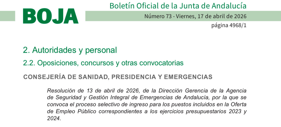 Han salido 234 plazas para la Agencia de Seguridad y Gestión Integral de Emergencias de Andalucía:

175 Especialista Prevención y Extinción
51 Conductor/a VEI
1 Conductor UMMT/UNASIF
1 Técnico Operaciones COR
3 Auxiliar de Gestión
3 Teleoperador/a 
1/2