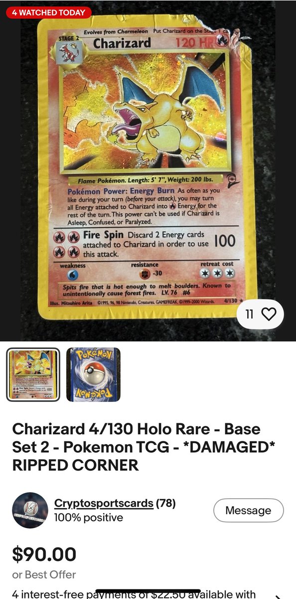dailypokemonx's tweet image. How much would you pay for this heavily damaged Base Set 2 Charizard??? #pokemon #charizard #pokedeals