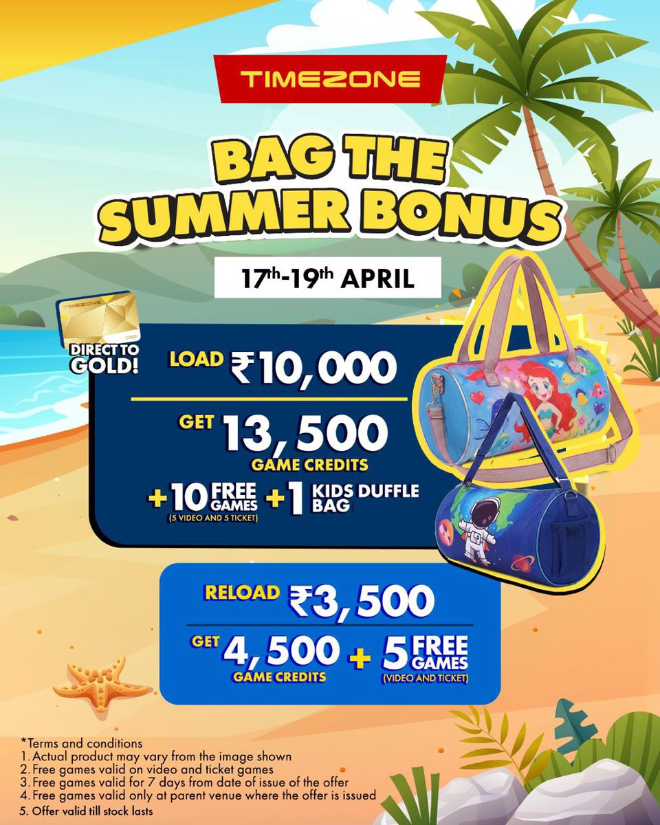 TheGVKone's tweet image. Summer fun unlocked at GVK One Mall!

Head to Timezone 🎮

 Load ₹10K → Get 13.5K credits + FREE games + kids duffle 

 Reload ₹3.5K → Get 4.5K credits + FREE games
 17–19 April | Limited time only!

#GVKOneMall #Timezone #WeekendPlans #SummerFun #GamingZone #FamilyFun