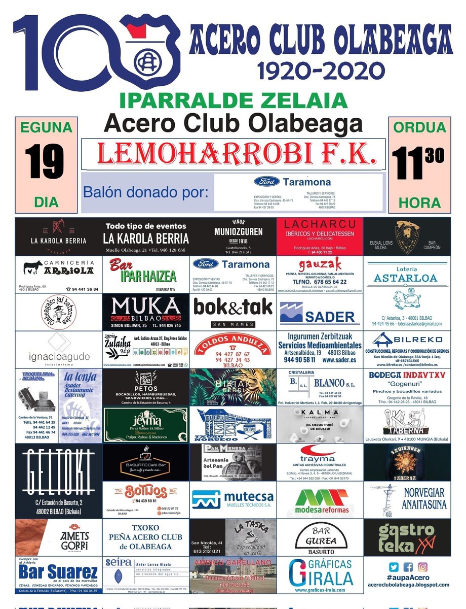 aceroColabeaga's tweet photo. LIGA | ⚪🔵
JORNADA 29. JARDUNALDIA

🆚 @lemoaharrobi12
🗓️ Apirilak 19 Abril
🕕 11:30
📍 Iparralde
⚽ Ford Taramona

#aupaAcero💪🇳🇴 #Olabeaga #primeraregional #iparraldefutbolzelaia #liga #acerozale https://t.co/x86rDIGJGe