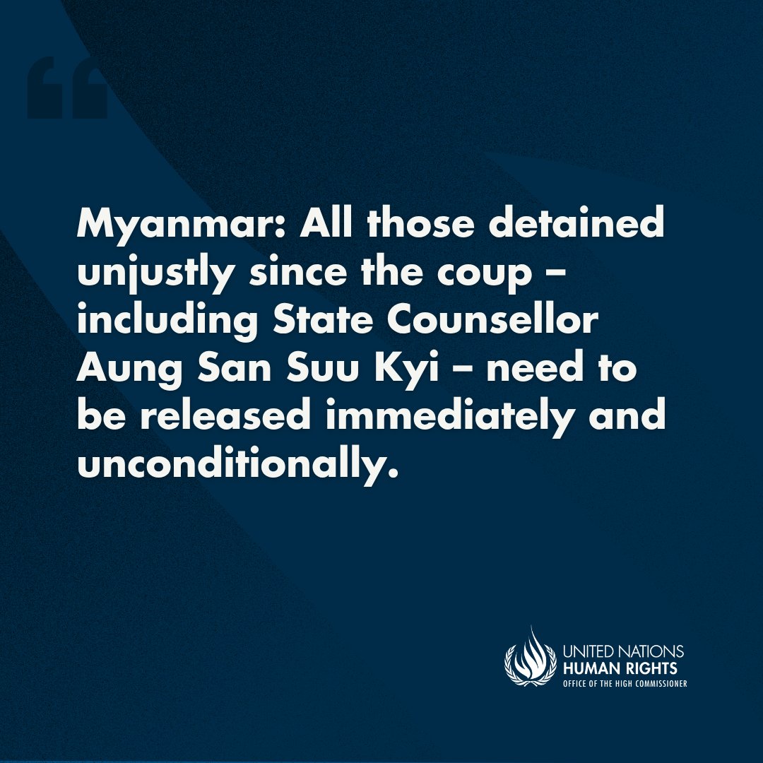 UNHumanRights's tweet image. #Myanmar: Relieved by long overdue release of President Win Myint &amp;amp; other prisoners from arbitrary detention, as well as commutation of death sentences. All those detained unjustly since the coup – including State Counsellor Aung San Suu Kyi – need to be released immediately and