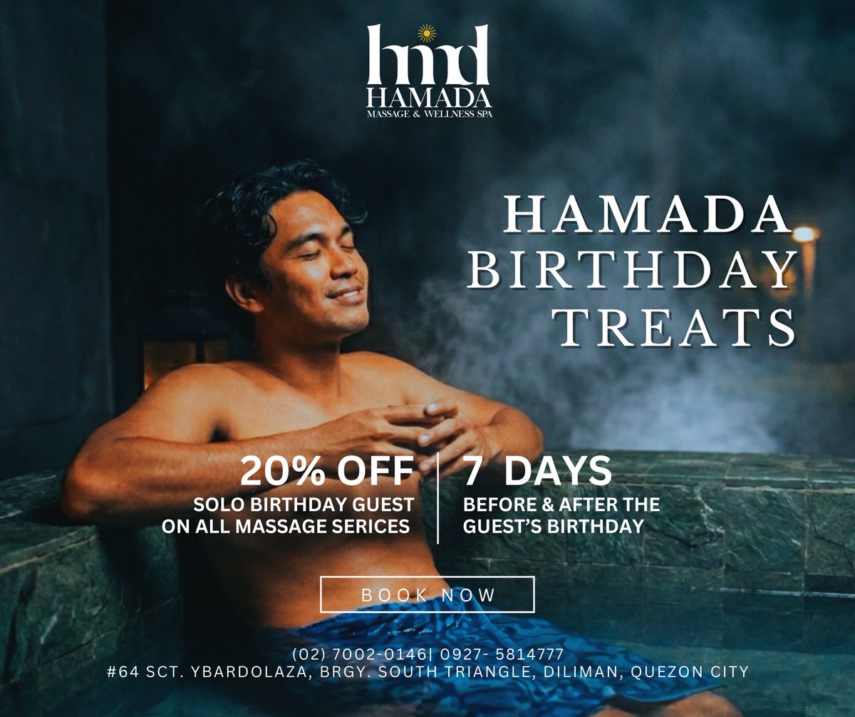 HamadaSpa's tweet image. Make your birthday unforgettable at Hamada Massage &amp;amp; Wellness Spa! 

Enjoy 20% OFF all massages as a solo guest, 7 days before &amp;amp; after your special day. 

Treat yourself—relax, recharge, and indulge! 💆‍♂️

#HamadaSpa #BirthdayTreats #SelfCare #RelaxationRedefined