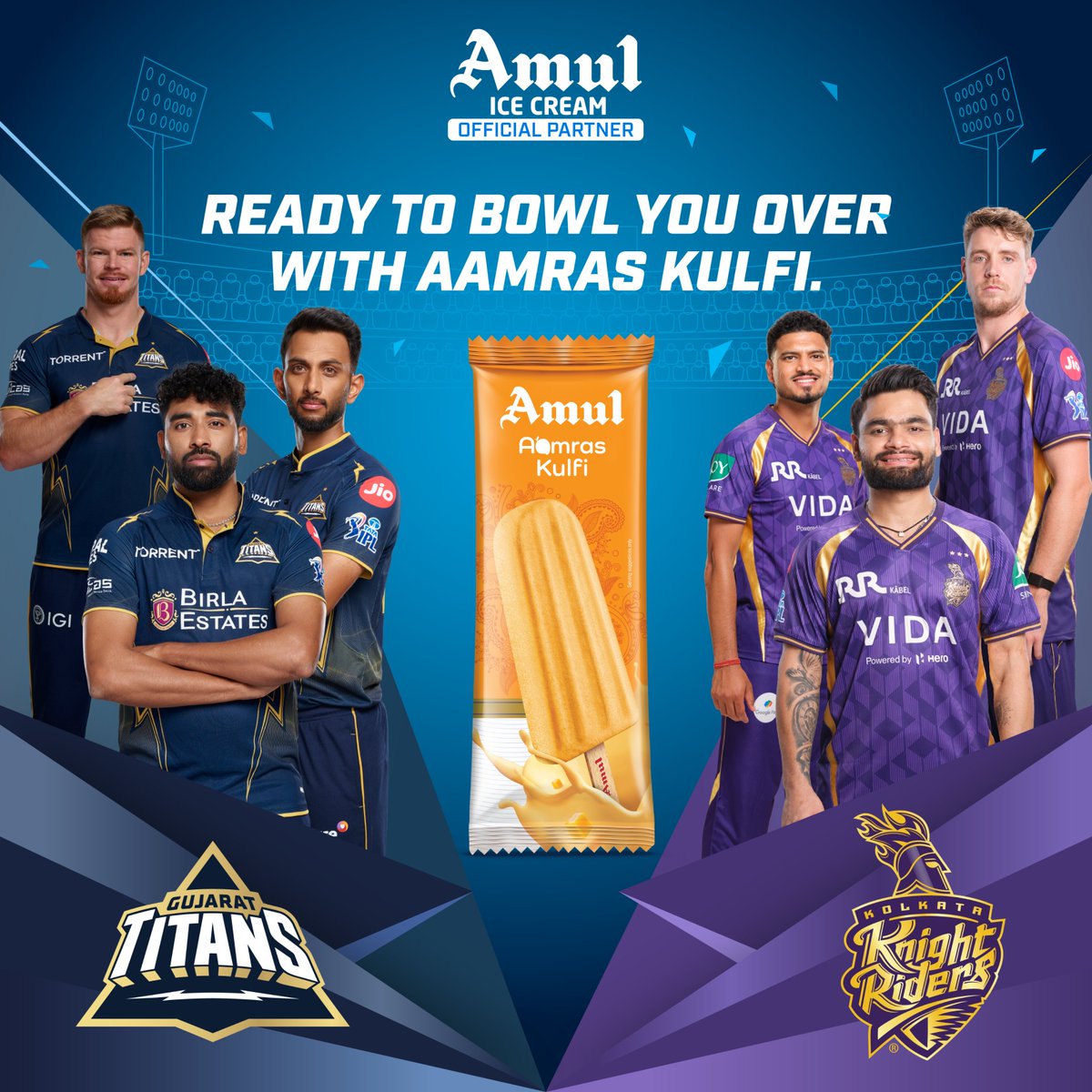 Amul_Coop's tweet photo. Just like the perfect yorker aimed at the bottom of the stumps, Amul Aamras Kulfi is sure to bowl you over with its lip-smacking taste. Use your favourite team's coupon code on our Q-com partner apps to get 10% off on Amul Ice Cream. https://t.co/rNTu5dpUnb