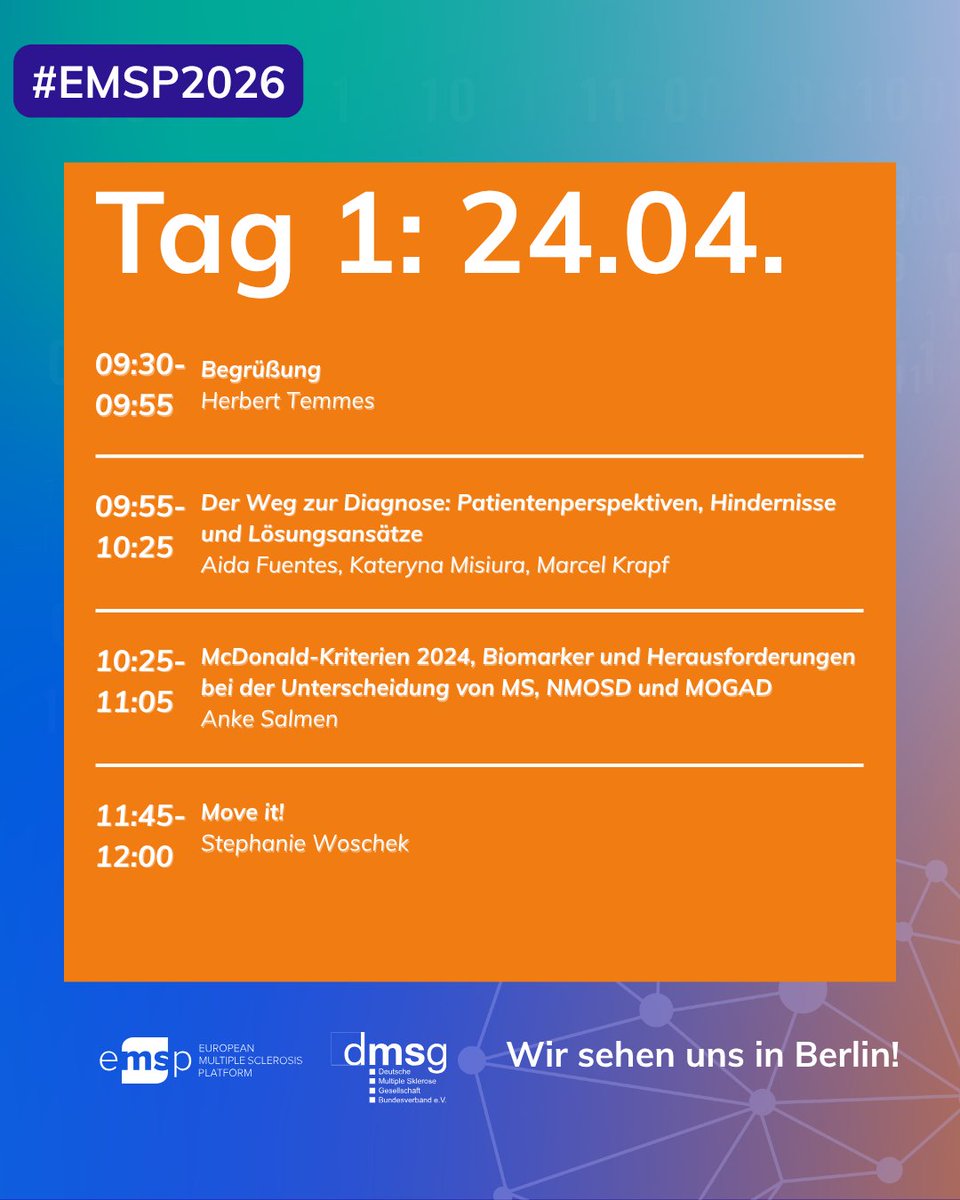 DMSG_BV's tweet image. In genau einer Woche ist es bereits soweit und die EMSP Konferenz findet in Berlin statt!
Hier haben wir für euch das Programm für den ersten Tag (24.4.)!

Registriert euch jetzt für die Online-Teilnahme!

#DMSG #EMSP2026 #MS