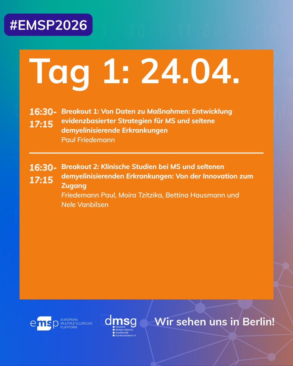 DMSG_BV's tweet image. In genau einer Woche ist es bereits soweit und die EMSP Konferenz findet in Berlin statt!
Hier haben wir für euch das Programm für den ersten Tag (24.4.)!

Registriert euch jetzt für die Online-Teilnahme!

#DMSG #EMSP2026 #MS