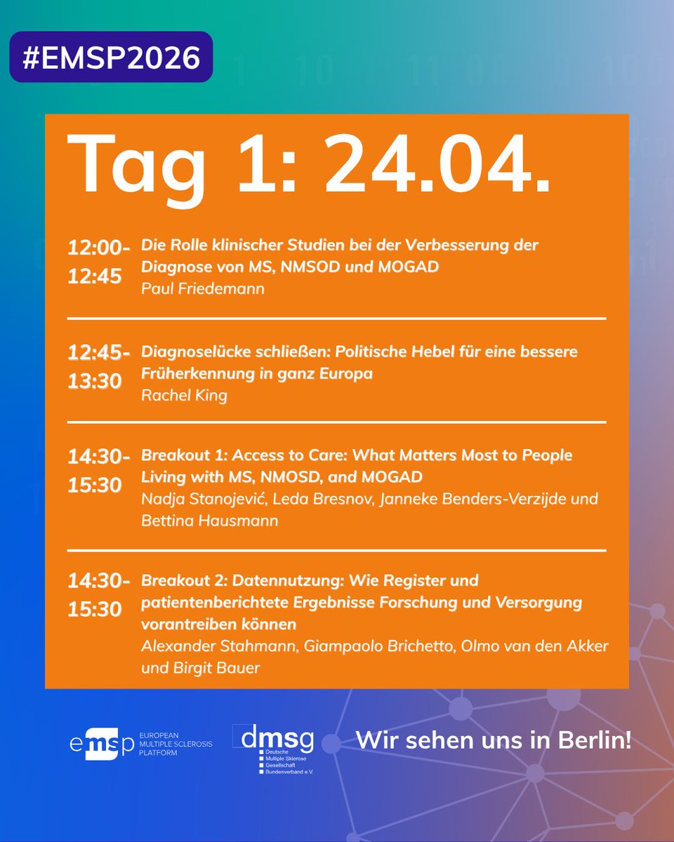 DMSG_BV's tweet image. In genau einer Woche ist es bereits soweit und die EMSP Konferenz findet in Berlin statt!
Hier haben wir für euch das Programm für den ersten Tag (24.4.)!

Registriert euch jetzt für die Online-Teilnahme!

#DMSG #EMSP2026 #MS