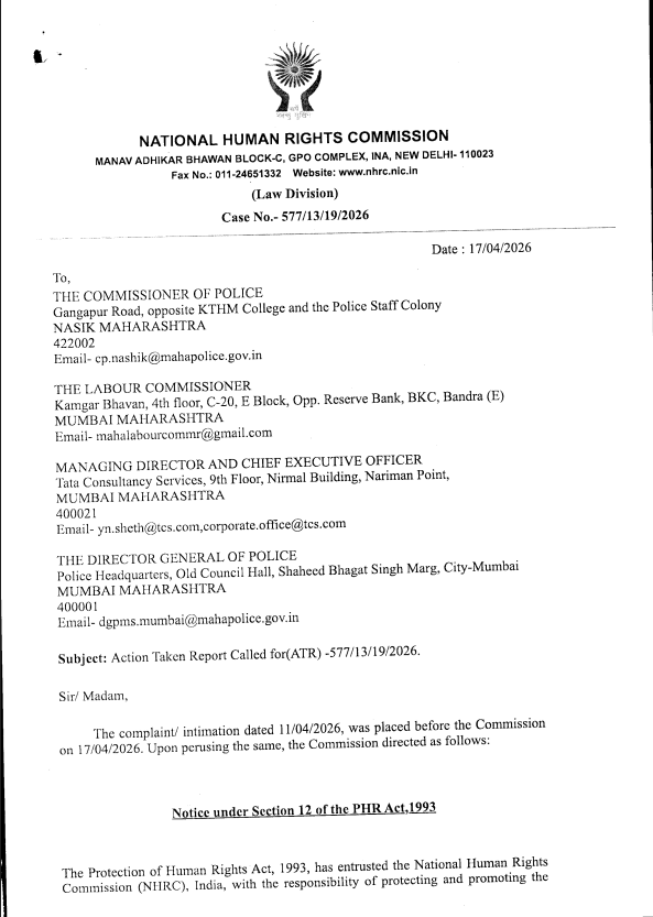 ANI's tweet photo. National Human Rights Commission writes to various departments, including Maharashtra DGP, in connection with the issue of alleged religious conversion and sexual harassment at the TCS Nashik office.  

The letter reads, "The complainant, representing the Legal Rights Observatory, alleged that an organized racket involving religious conversion and sexual exploitation is being operated within the Tata Consultancy Services (TCS), office Nasik, Maharashtra.
