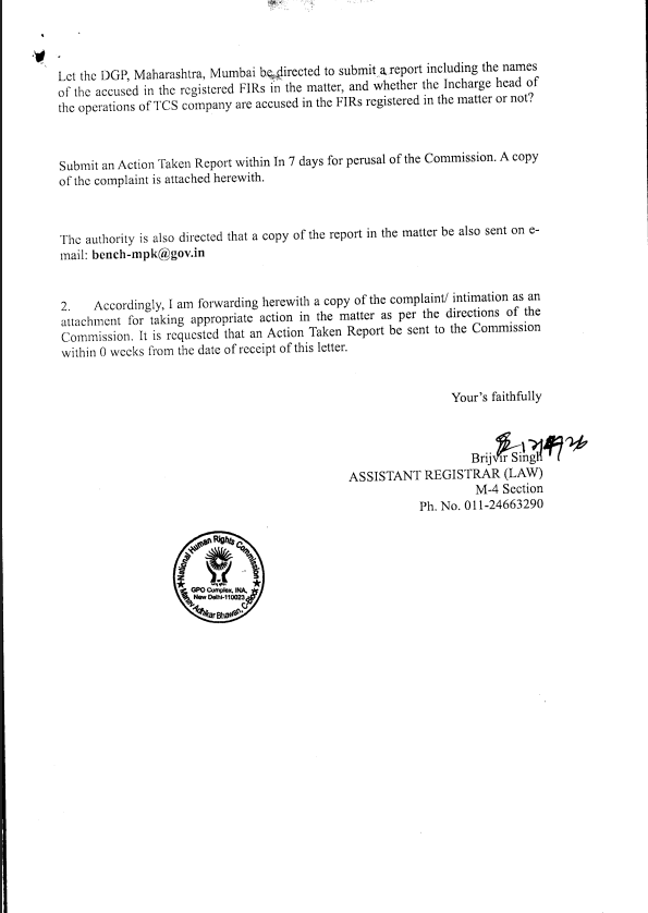 ANI's tweet photo. National Human Rights Commission writes to various departments, including Maharashtra DGP, in connection with the issue of alleged religious conversion and sexual harassment at the TCS Nashik office.  

The letter reads, "The complainant, representing the Legal Rights Observatory, alleged that an organized racket involving religious conversion and sexual exploitation is being operated within the Tata Consultancy Services (TCS), office Nasik, Maharashtra.