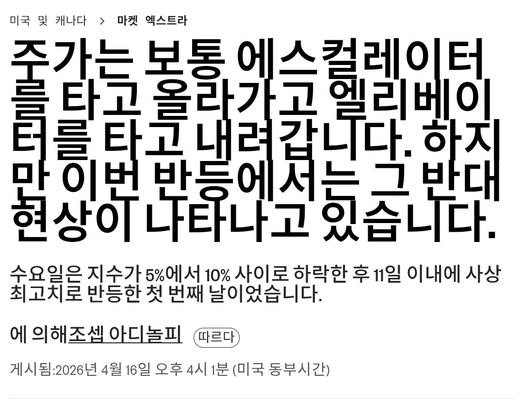 이번 미장 반등이 이상했던 이유. 다들 겁먹은 척 숨어 있다가 한꺼번에 달려든 장이라서.

보통 주식은 올라갈 땐 에스컬레이터, 내려갈 땐 엘리베이터임. 이번엔 반대였음.

5~10% 빠진 뒤 11일 만에 신고가. 1928년 이후 처음이라고 함.