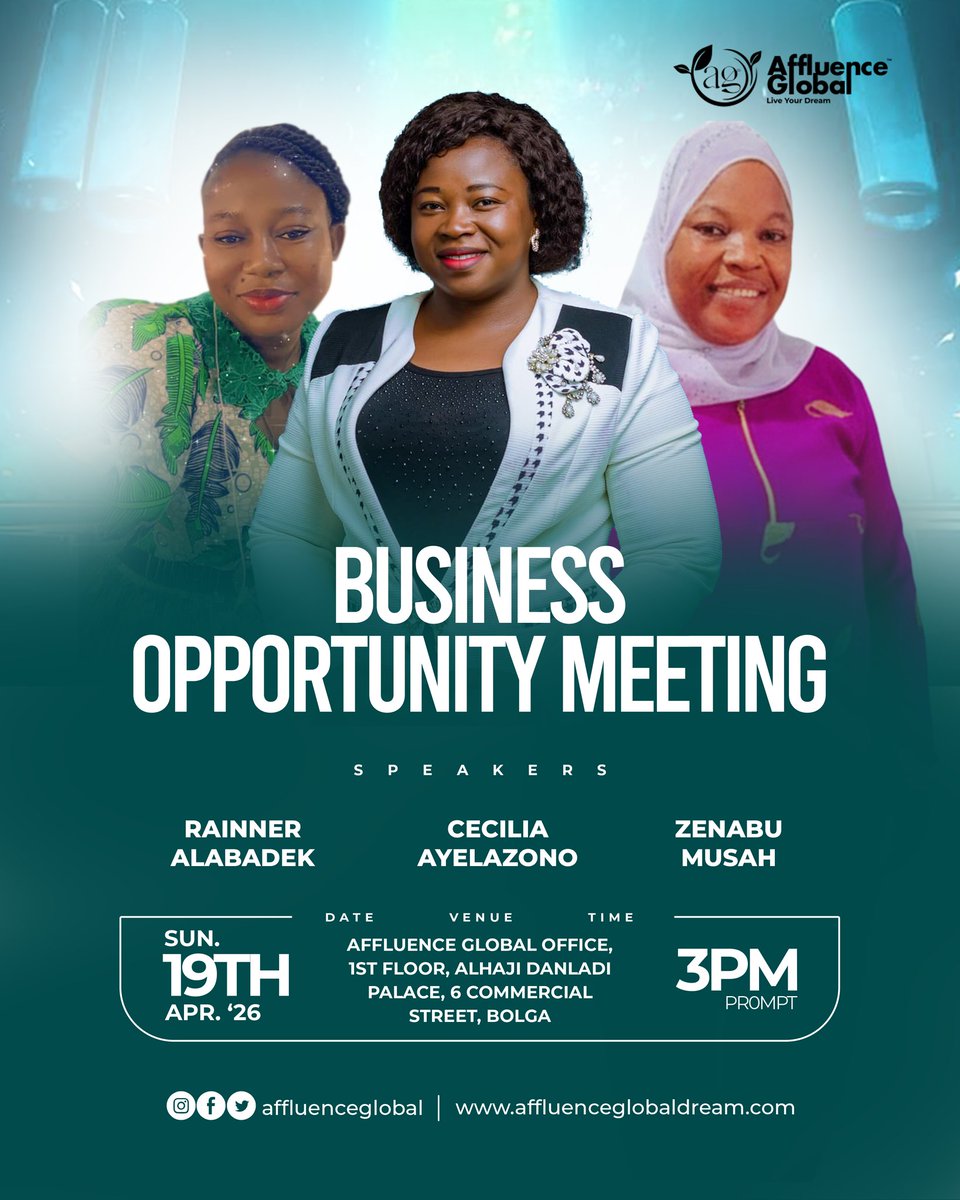 AffluenceGloba's tweet image. Unlock your potential and explore new income opportunities! 🚀 Join us this Sunday in Bolga for an inspiring Business Opportunity Meeting.

Don’t miss the chance to learn, connect, and grow! 💼✨

#AffluenceGlobal
#BusinessOpportunity
#BusinessGrowth
#NetworkMarketing