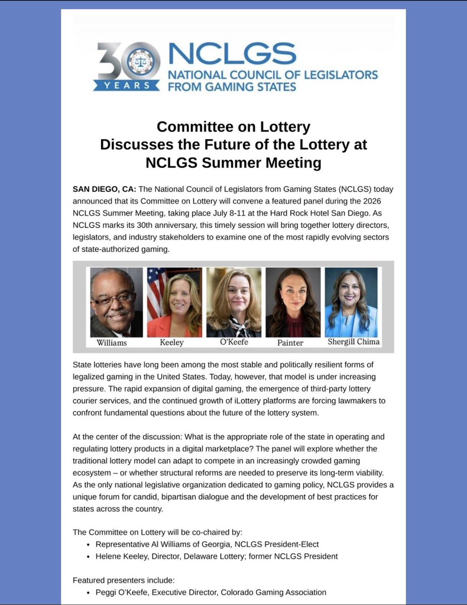 NCLGS's tweet image. NCLGS marks 30 years by examining one of the fastest-evolving sectors in gaming. The Lottery Committee will take a deep dive at the 2026 Summer Meeting, July 8–11 at Hard Rock Hotel San Diego. 

Full release: conta.cc/4sDp1kZ

#NCLGS #Lottery