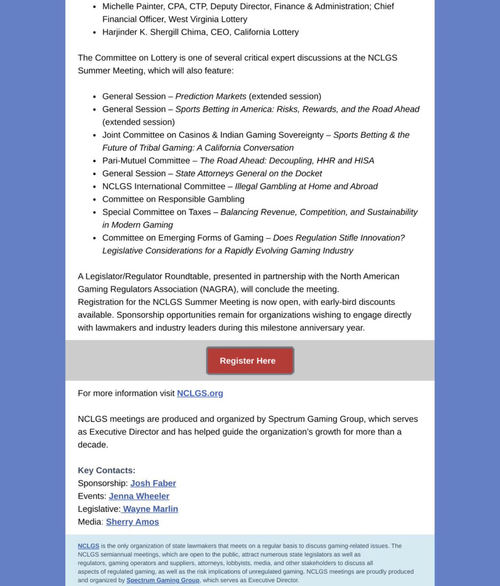 NCLGS's tweet image. NCLGS marks 30 years by examining one of the fastest-evolving sectors in gaming. The Lottery Committee will take a deep dive at the 2026 Summer Meeting, July 8–11 at Hard Rock Hotel San Diego. 

Full release: conta.cc/4sDp1kZ

#NCLGS #Lottery
