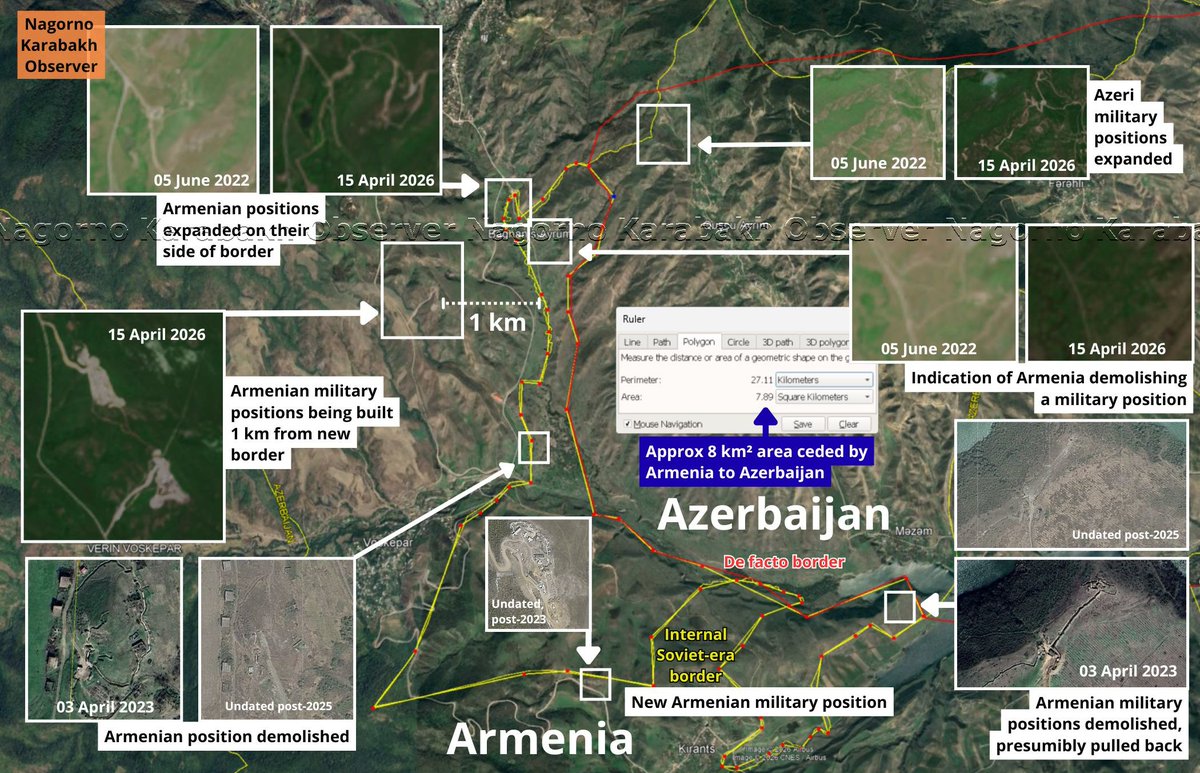 NKobserver's tweet image. MAJOR - Visual indications that #Armenia has ceded approximately 8 km² to #Azerbaijan between its Baganis and Berkaber villages. Some military positions appear demolished, others built on the former internal Soviet border (or further away) as Baku pushes Yerevan for concessions.