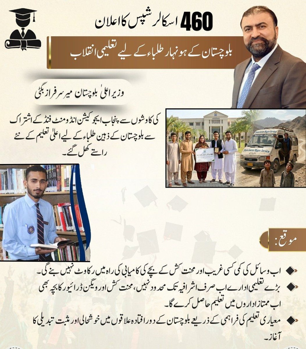 waqar8796's tweet photo. وزیر اعلیٰ بلوچستان میر سرفراز بگٹی کی کاوشوں سے بلوچستان کے طلبہ کے لیے 460 پیف اسکالرشپس کا اعلان کیا گیا ہے، جو تعلیم کے فروغ اور نوجوانوں کو بااختیار بنانے کے عزم کی عکاسی کرتا ہے۔
#BalochistanEducation
#Scholarships
#YouthEmpowerment #PEEF
#EducationForAll https://t.co/vQhjIRvCxy
