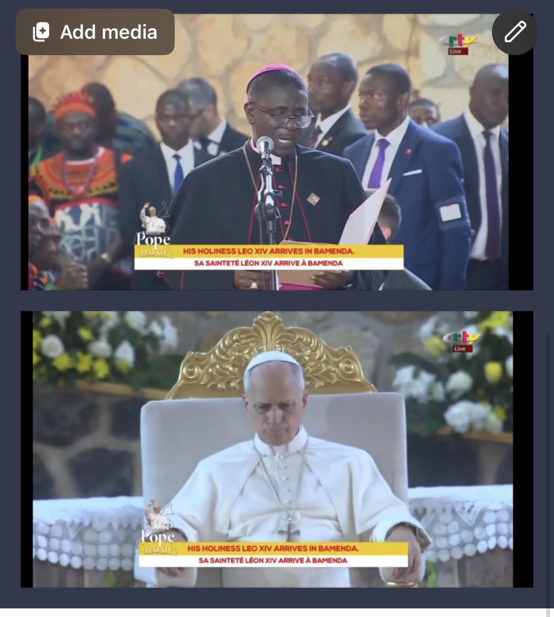 TeleAsuOfficiel's tweet photo. ILS ONT DIT - 🗣️«Le pape est venu vers nous comme un mentor qui est prêt à verser son sang pour le salut de ses frères »
Mgr Andrew Nkea, président de la conférence épiscopale du Cameroun et archevêque de Bamenda.
#TeleAsu #PapeAuCameroun2026 https://t.co/wo5ssz3jX0
