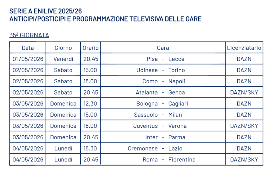 capuanogio's tweet image. La programmazione della 35° giornata della #SerieA.
