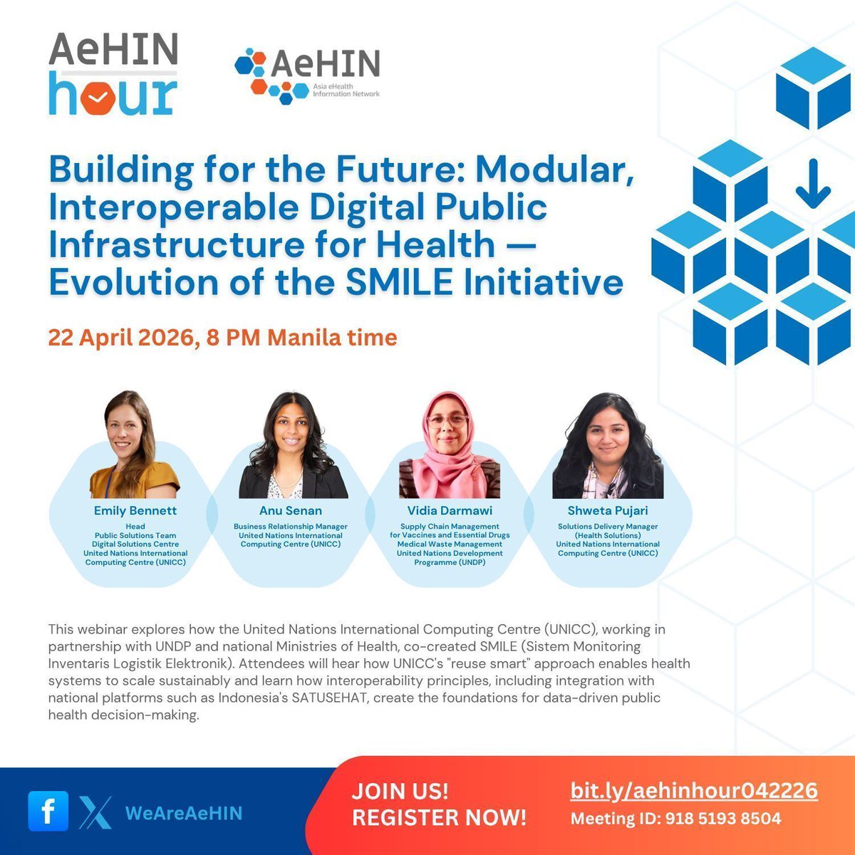 How is UNICC supporting the scale-up of digital health across countries?

Join <a href="/WeAreAeHIN/">Asia eHealth Information Network</a> Hour to explore the SMILE initiative, led by <a href="/UNDP/">UN Development</a> and Ministries of Health, with UNICC contributing as a technical partner.

🗓️ 22 April | 8:00 PM (GMT+8)

🔗 RSVP: zoom.us/meeting/regist…
