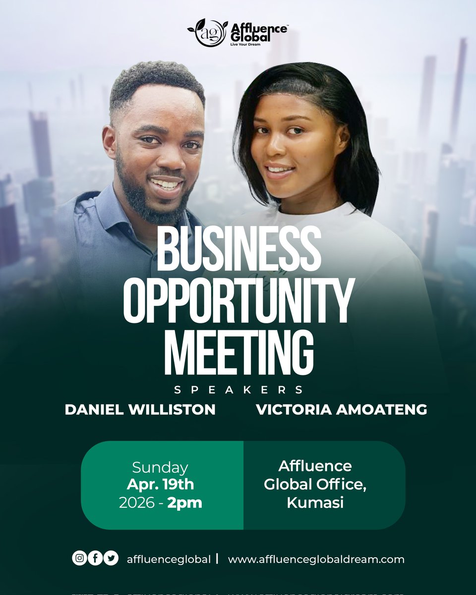AffluenceGloba's tweet image. Greatness starts with one decision. Join us for a powerful Business Opportunity Meeting and discover your path to financial growth.

📍 Affluence Global Office, Kumasi
🗓 Sunday, April 19th | ⏰ 2PM

#AffluenceGlobal
#WealthCreation
#Entrepreneur
#LiveYourDream