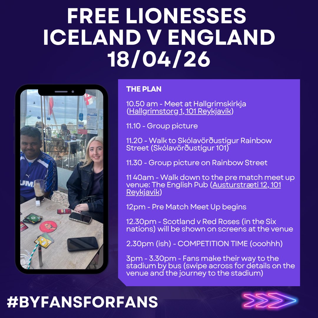 FreeLionesses's tweet photo. Pre Match Meet Up Details - Iceland Away 🇮🇸 

Here we go lovely #lionesses fans. 

You can join us for all or part of these activities. We look forward to seeing as many of you ahead of the game as possible. 

#lionesses #byfansforfans #freelionesses https://t.co/XmnF31gtan