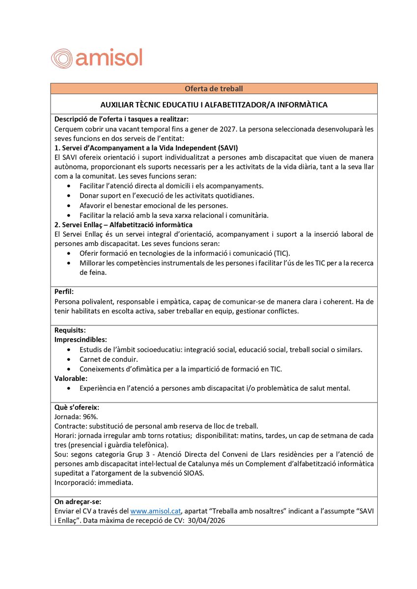 AmisolSolsona's tweet photo. OFERTA DE FEINA: Es necessita incorporar 1 AUXILIAR TÈCNIC   EDUCATIU I ALFABETITZADOR/A INFORMÀTICA. Enviar CV a través de la web https://t.co/M3XAXDRQWf, apartat “Treballa amb nosaltres” abans del 30/04/2026 https://t.co/vbECPqs5RE