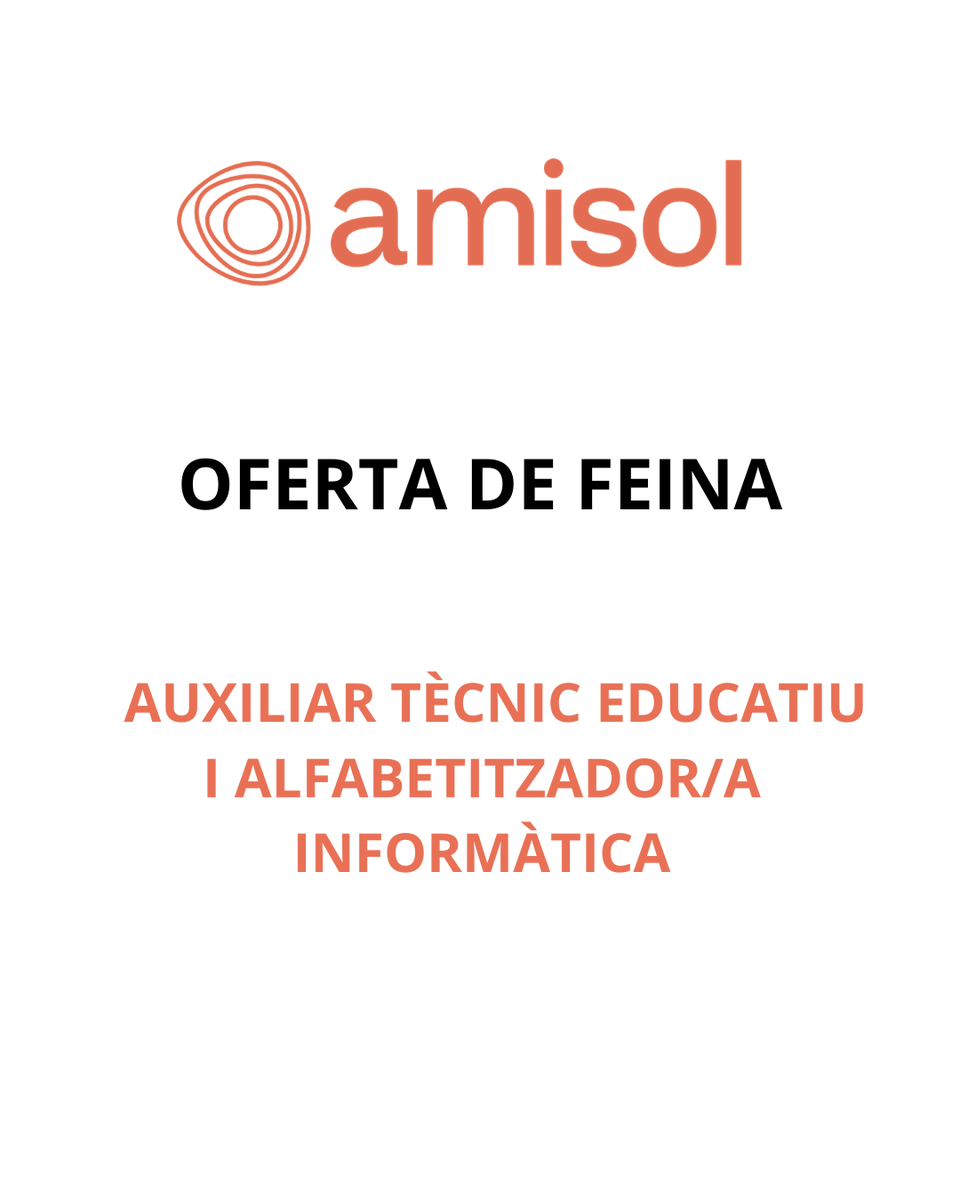 AmisolSolsona's tweet photo. OFERTA DE FEINA: Es necessita incorporar 1 AUXILIAR TÈCNIC   EDUCATIU I ALFABETITZADOR/A INFORMÀTICA. Enviar CV a través de la web https://t.co/M3XAXDRQWf, apartat “Treballa amb nosaltres” abans del 30/04/2026 https://t.co/vbECPqs5RE