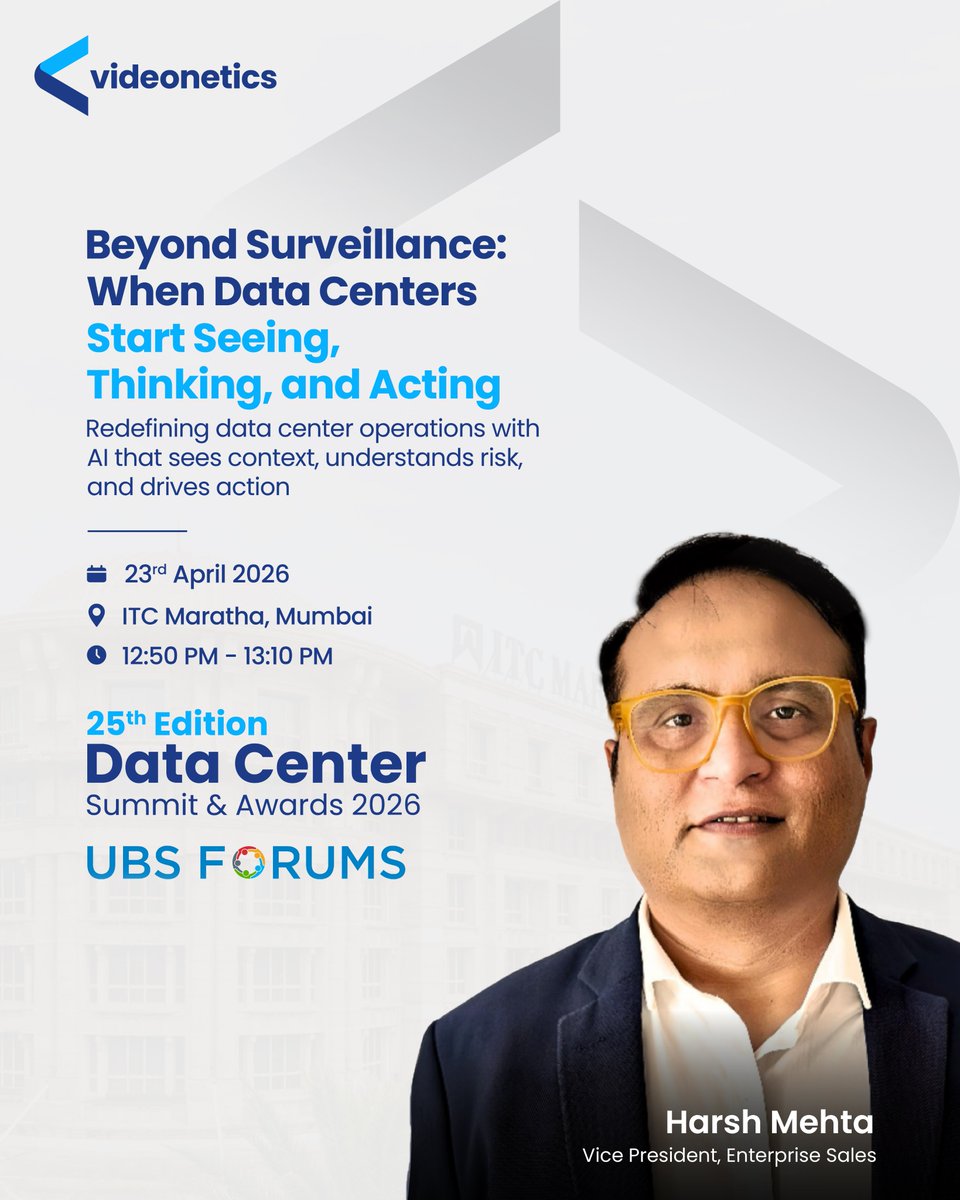 videonetics's tweet photo. Data centers are evolving—from storing data to understanding it in real time.

Catch Harsh Mehta at “Beyond Surveillance: When Data Centers Start Seeing, Thinking, and Acting”
📅 23 April | ⏰ 12:50 PM
📍 ITC Maratha, Mumbai
Explore what’s next: https://t.co/DjEFWp5Vn5 https://t.co/Sldd3t9sUX