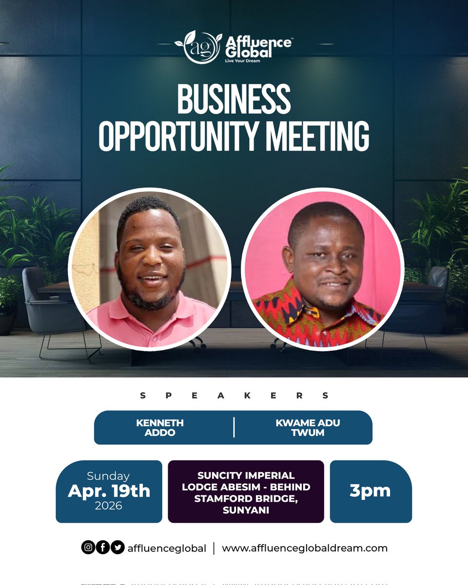 AffluenceGloba's tweet image. 🚀 Sunyani, it’s your turn!
📅 Sunday | ⏰ 3PM
📍 Suncity Imperial Lodge, Abesim

Be there and let’s grow together! 💼✨

#AffluenceGlobal
#WealthCreation
#LiveYourDream