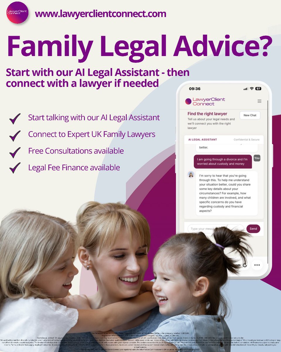 LawyerclientLCC's tweet image. Navigating family legal matters can feel overwhelming—but you don’t have to do it alone. 💜

lawyerclientconnect.com

#FamilyLaw #LegalHelp #DivorceSupport #ChildCustody