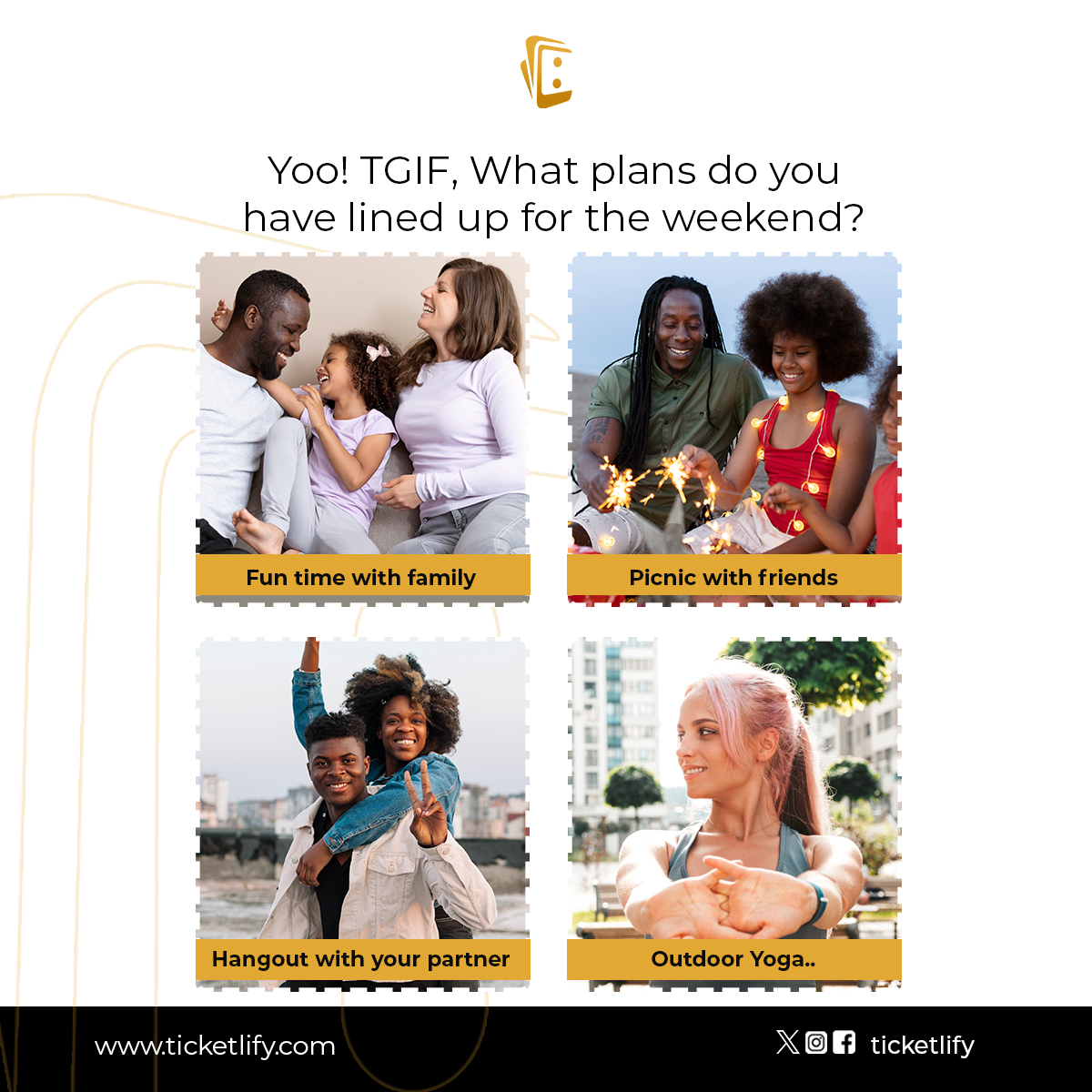 TicketlifyonX's tweet photo. #TGIF Weekendโs around the corner! ๐
Whatโs on your agenda? Let us know in the comments and explore fun events with Ticketlify!
#TGIF #ticketlify #TicketlifyTips #eventdiscovery #ticketingsolutions https://t.co/uSpWZZUuHp