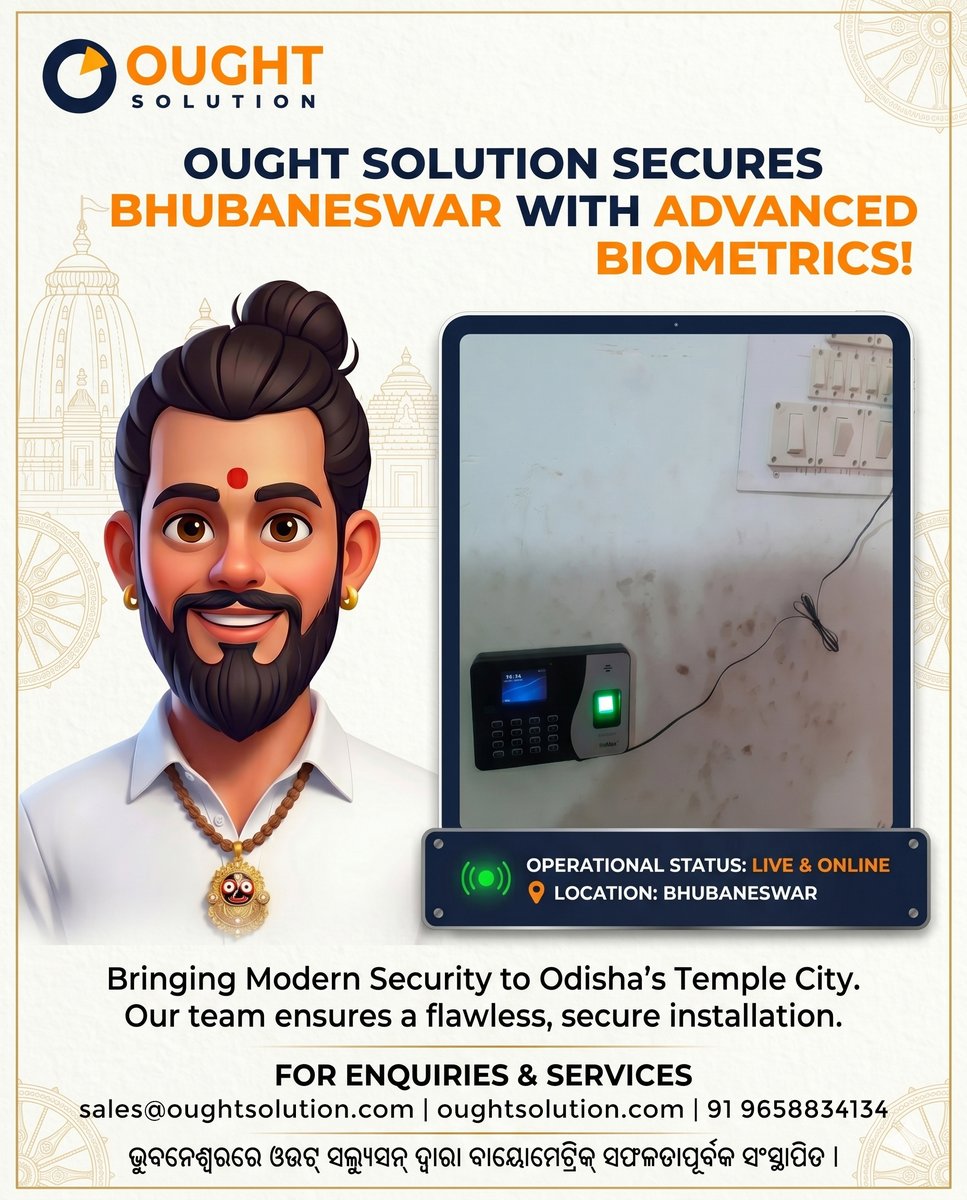 OughtSolution's tweet photo. Another successful #biometric installation in #Bhubaneswar! 
Upgrading office security and automating #HR #attendance with seamless, modern tech. Say goodbye to manual logs and hello to 100% accuracy.
Project Done By @OughtSolution
#Bhubaneswar #Biometrics #OughtSolution #Smart https://t.co/cGzMVRXfp1