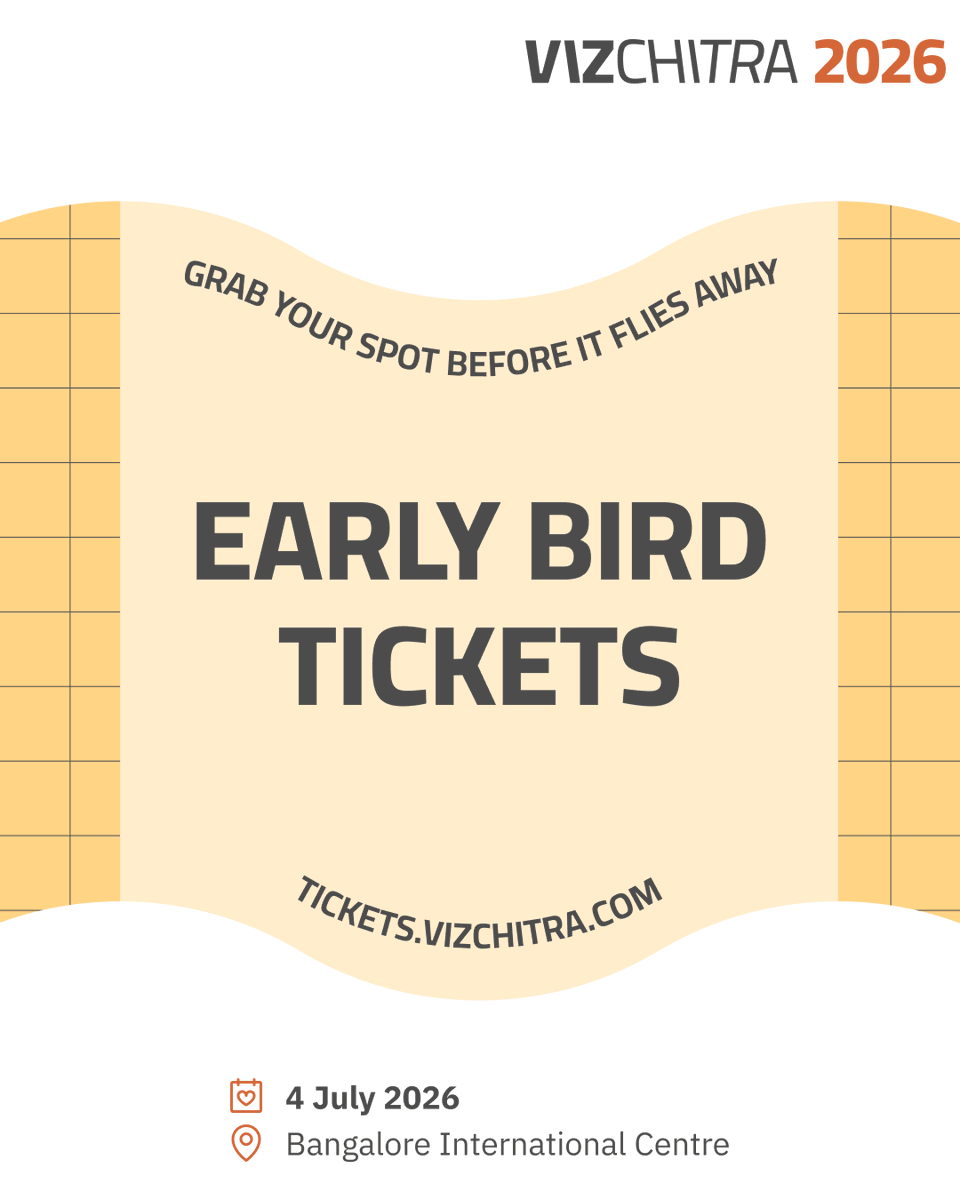 VizChitra's tweet image. 🎟️ Early Bird and Student Saver tickets for #VizChitra2026 are now live!

Ticket link: tickets.vizchitra.com

Grab yours before they’re gone! 

📅 July 4, 2026
📍 Bangalore International Centre (BIC) 

#DataViz #Bangalore