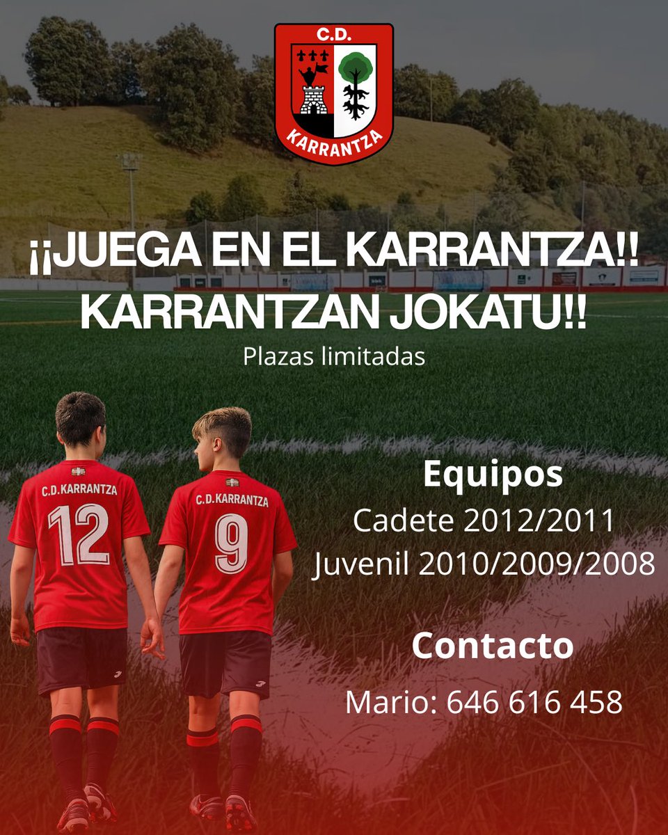 cdkarrantza's tweet photo. 🔴¡JUEGA EN EL KARRANTZA!⚫️

Buscamos jugadores para los siguientes equipos:

Cadete 2012/2011
Juvenil 2010/2009/2008

ℹ️ Para más información:

Mario — 646 616 458

¡Anímate y ven a probar!

#cdkarrantza https://t.co/BhQE32UOYm