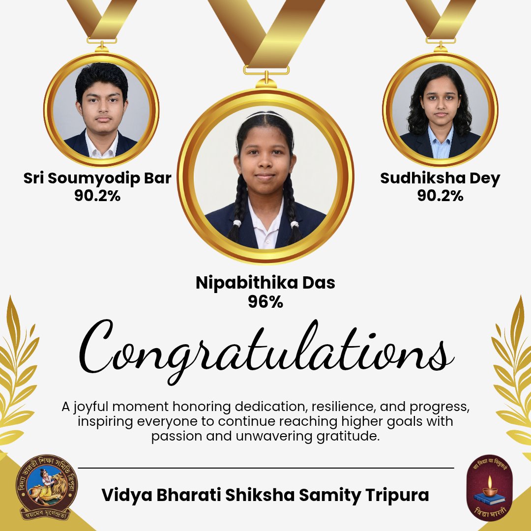 #Sanskar_and_Success*  
Where Shiksha meets Sanskar, success follows.  
Heartiest congratulations to the students of Tripureshwari Vidyamandir, Gandhigram for their excellent results in CBSE (X) Board Results.
You are the future of Bharat! 🇮🇳  

#VidyaBharati #StudentAchievement