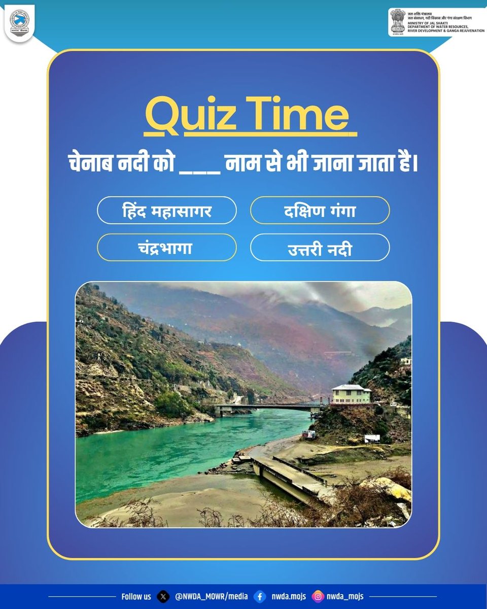 NWDA_MOWR's tweet image. Quiz में लीजिए भाग और बताएँ की चेनाब नदी को किस दूसरे नाम से भी जाना जाता है।

#Quiz #Quiztime #GKquiz #Indianriver #Chenabriver 
#Incredibleindia #Riversofindia #Waterwisdom 
#WildlifeSanctuary #WaterConservation #WildlifeSanctuaryOfIndia #IncredibleIndia #SaveWater #JalShakti