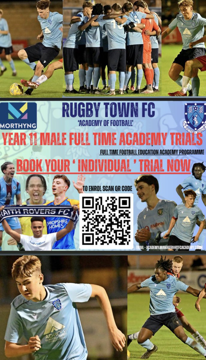 RTFC_Academy's tweet photo. Year 11 students Enrol now for your individual academy trials !!! 

Scan the qr code to apply to trial for our male and female full time football education programmes starting August 2026 🩵👊🏼⚽️ https://t.co/w9Yc4UvDu2