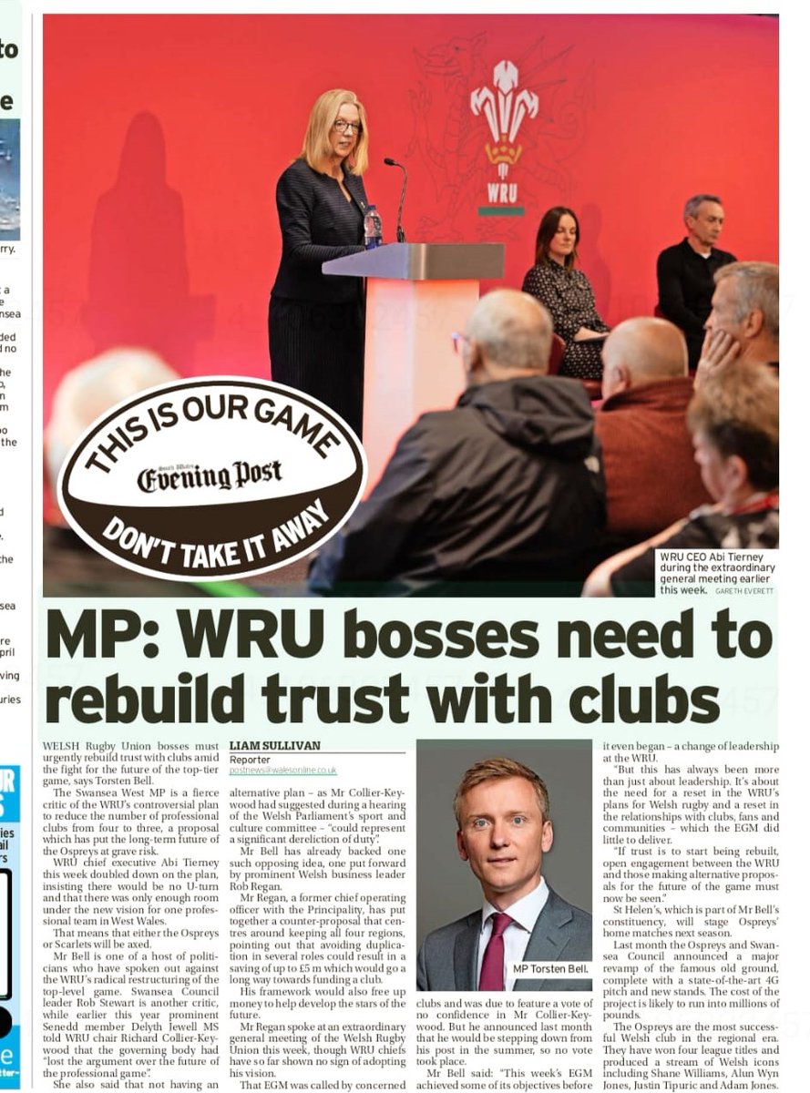 TorstenBell's tweet photo. This week’s EGM achieved some of its objectives before it even began – a change of leadership at the WRU. But it did little to deliver a much needed reset in Welsh rugby. Open engagement between the WRU and those making different proposals for the game's future must now be seen. https://t.co/Ob0cVnEJRk