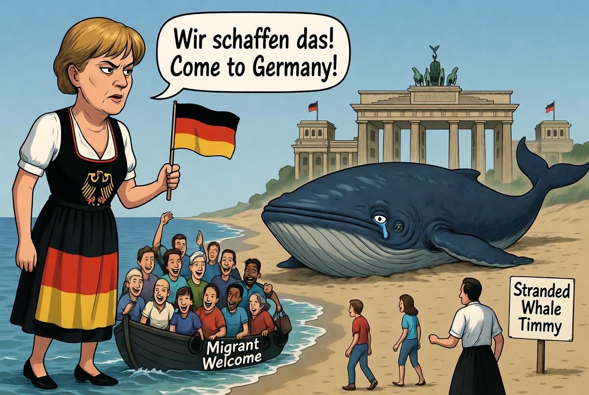 pixelpumpor's tweet photo. Germany: stranded whale needs rescuing? Sorry can't help

Also Germany: prone to crime, military aged men looking for refuge and weekly income? Welcome.

@elonmusk save Germany please

Art made by @grok https://t.co/P4pwDqF2Fw