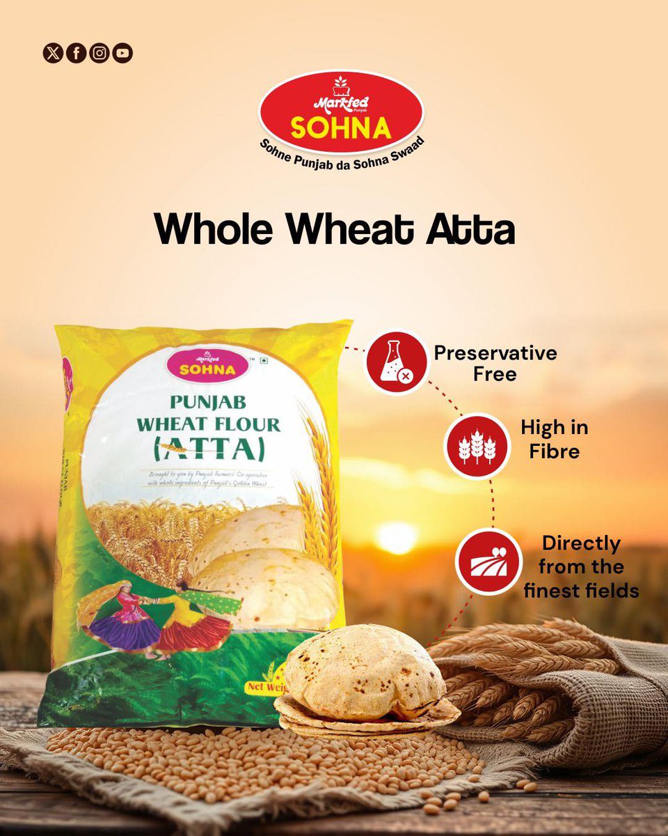 SOHNA_Markfed's tweet photo. Whole Wheat Atta โ preservative-free, high in fibre, and sourced directly from the finest fields.
#WholeWheatAtta #HealthyEating #HighFibre #CleanEating #Punjab #FarmToTable #NoPreservatives #IndianFood #MarkfedSohna #SohnaAtta #Markfed https://t.co/CSRCRLxJN6