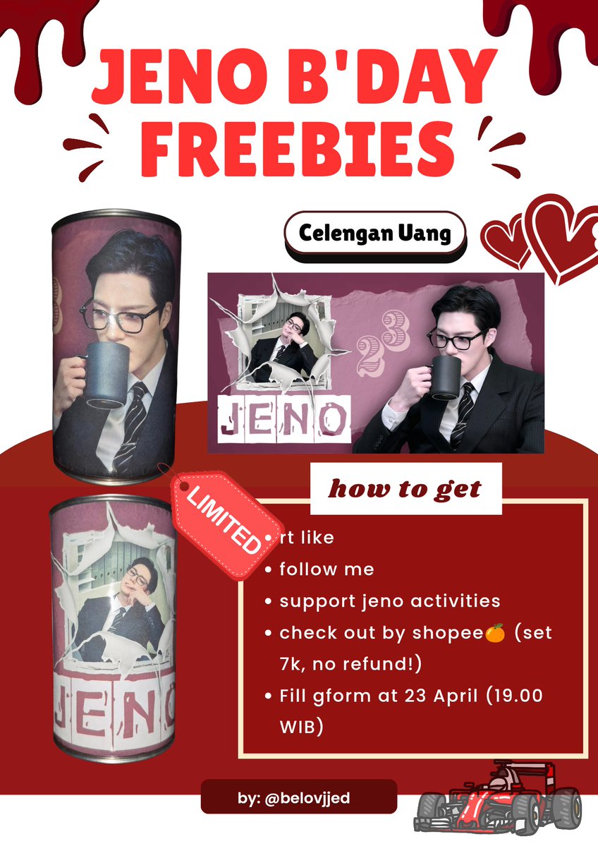 🐶👑 JENO BIRTHDAY FREEBIES 👑🐶

How to claim:
- rt like, follow me
- support all jeno activities
- no acc baca AU only/freebies hunter only/akun kosongan
- co set 7k no refund (by shopee)
- put ur X usn at gform

Gform open: 23 April (19.00 WIB)
Link: forms.gle/3vvZ2DWk5jKmh6…