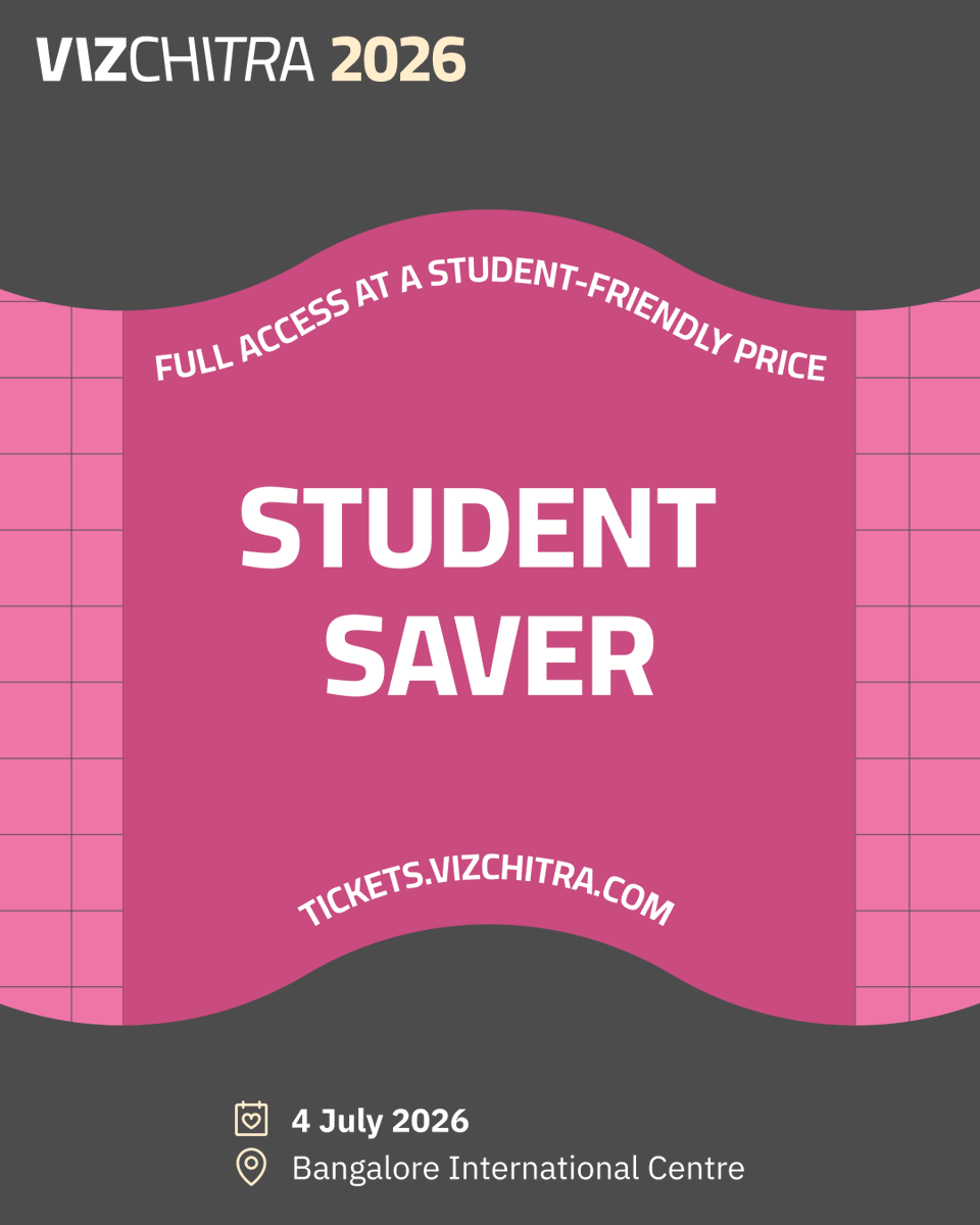 VizChitra's tweet image. 🎟️ Early Bird and Student Saver tickets for #VizChitra2026 are now live!

Ticket link: tickets.vizchitra.com

Grab yours before they’re gone! 

📅 July 4, 2026
📍 Bangalore International Centre (BIC) 

#DataViz #Bangalore