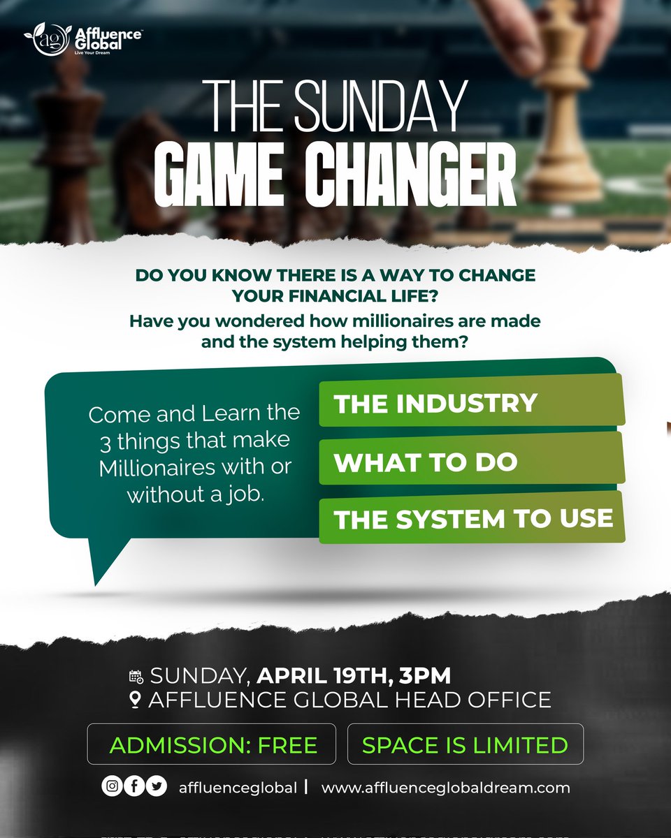 AffluenceGloba's tweet image. 🔥 Don’t miss out!
📅 Sunday, April 19th | ⏰ 3PM
📍 Affluence Global Head Office

✨ Discover opportunities.
✨ Build connections.
✨ Create your dream life.

👉 See you there!

#AffluenceGlobal 
#BusinessOpportunity 
#DreamBig 
#LiveYourDream