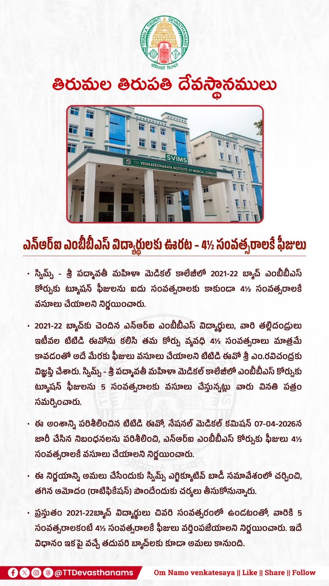 TTDevasthanams's tweet image. TTD decides to limit tuition fees to 4½ years for NRI MBBS students of 2021–22 batch at SVIMS Sri Padmavathi Women’s Medical College. The proposal will be placed before the SVIMS Executive Body for ratification.

#ttd #tirupati