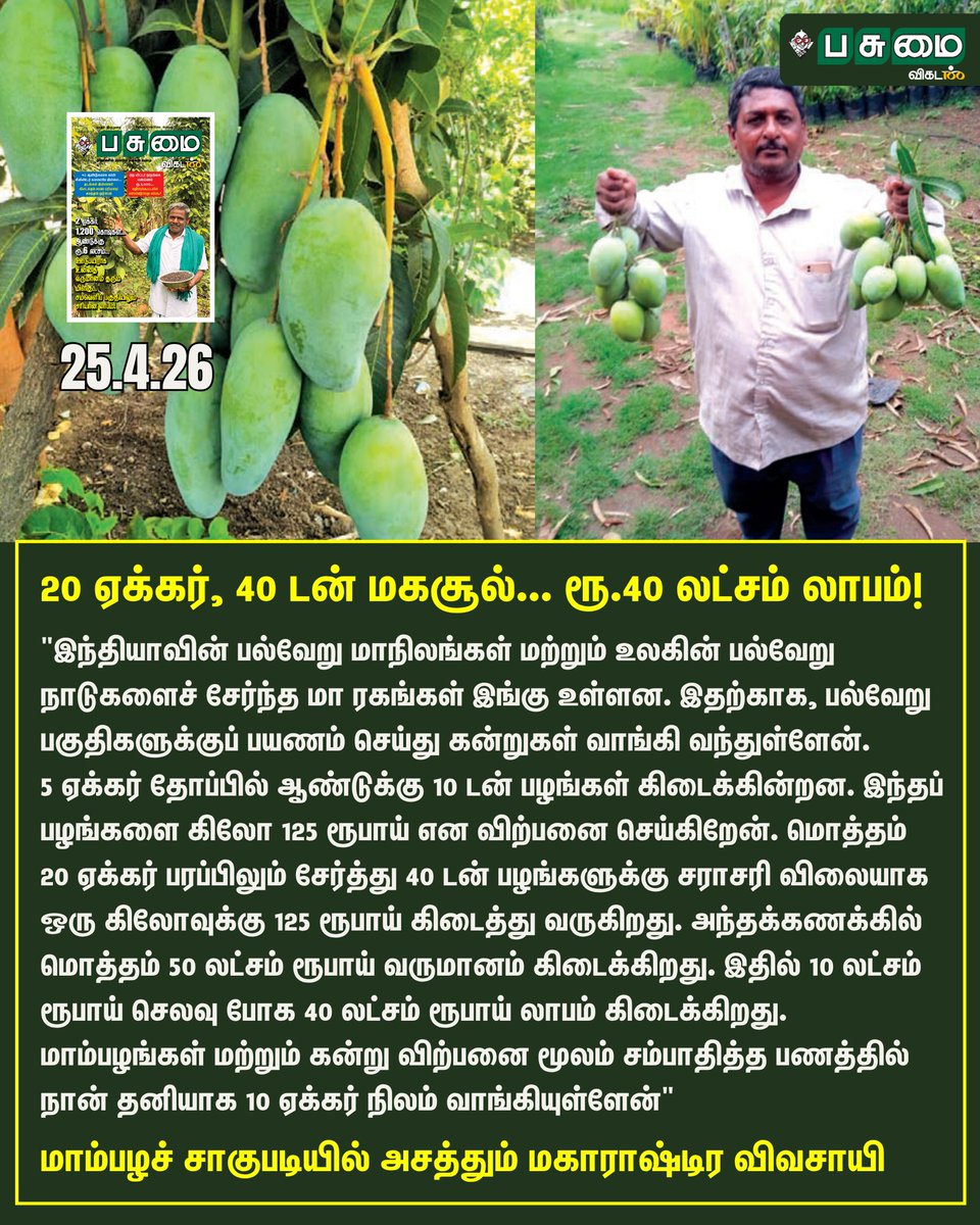 PasumaiVikatan's tweet image. Full Article Link - vikatan.com/agriculture/ma…

20 ஏக்கர், 40 டன் மகசூல்... ரூ.40 லட்சம் லாபம்! - மாம்பழச் சாகுபடியில் அசத்தும் மகாராஷ்டிர விவசாயி!

#Mango | #PasumaiVikatan | #Magazine