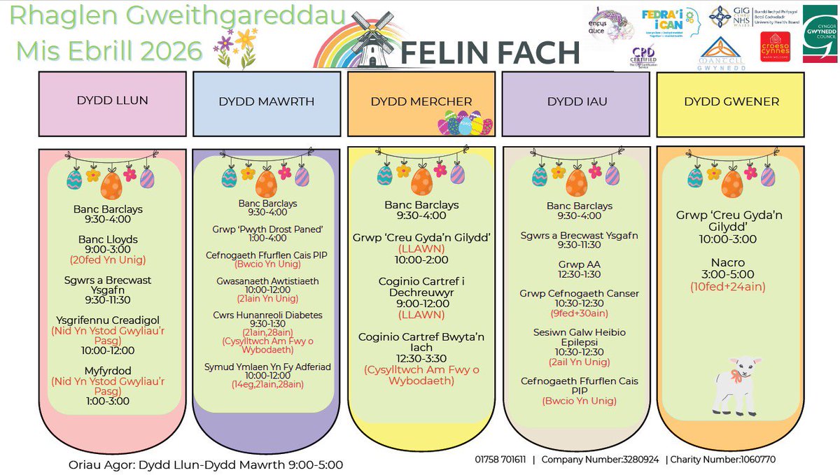 MantellGwynedd's tweet image. Rhaglen Gweithgareddau Felin Fach: Mis Ebrill 2026 

Felin Fach’s April 2026 Activities Programme 

#April2026 #Activities @CyngorGwynedd