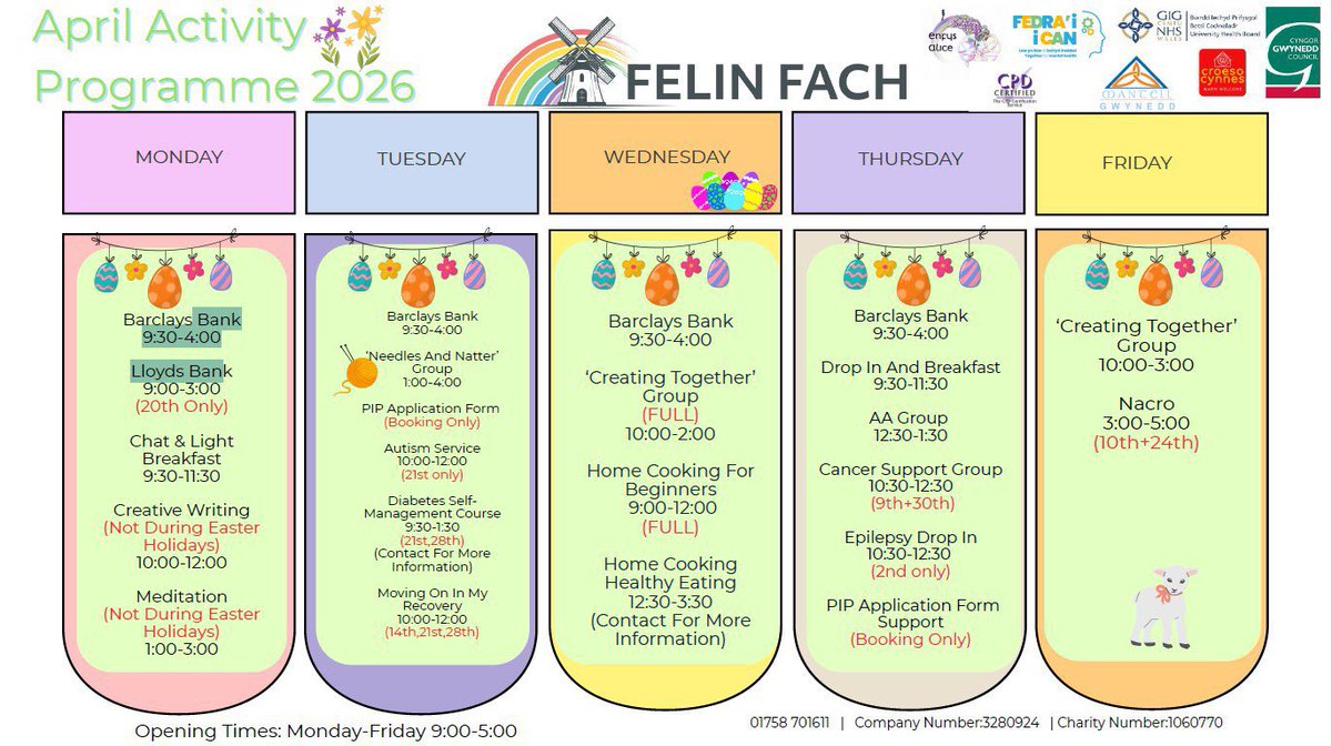 MantellGwynedd's tweet image. Rhaglen Gweithgareddau Felin Fach: Mis Ebrill 2026 

Felin Fach’s April 2026 Activities Programme 

#April2026 #Activities @CyngorGwynedd