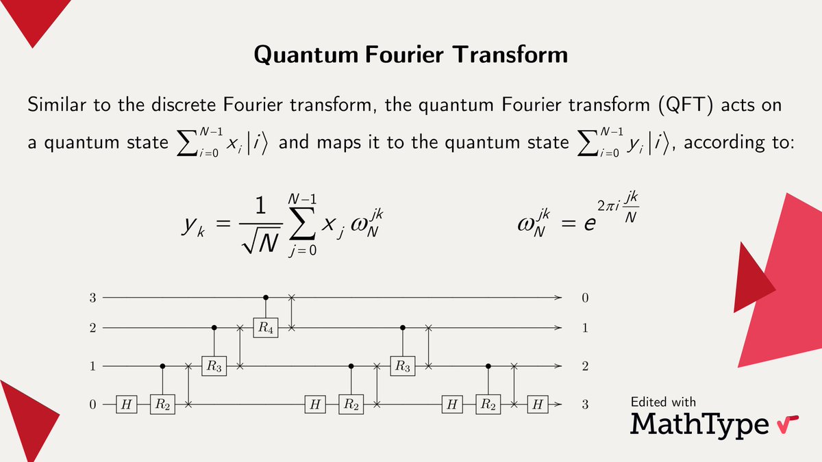 MathType's tweet image. The Quantum Fourier Transform is a core building block of quantum algorithms, transforming quantum states to reveal hidden patterns efficiently and linking directly to the discrete Fourier transform. Have you explored how it works?

#Math #QuantumComputing #FourierTransform
